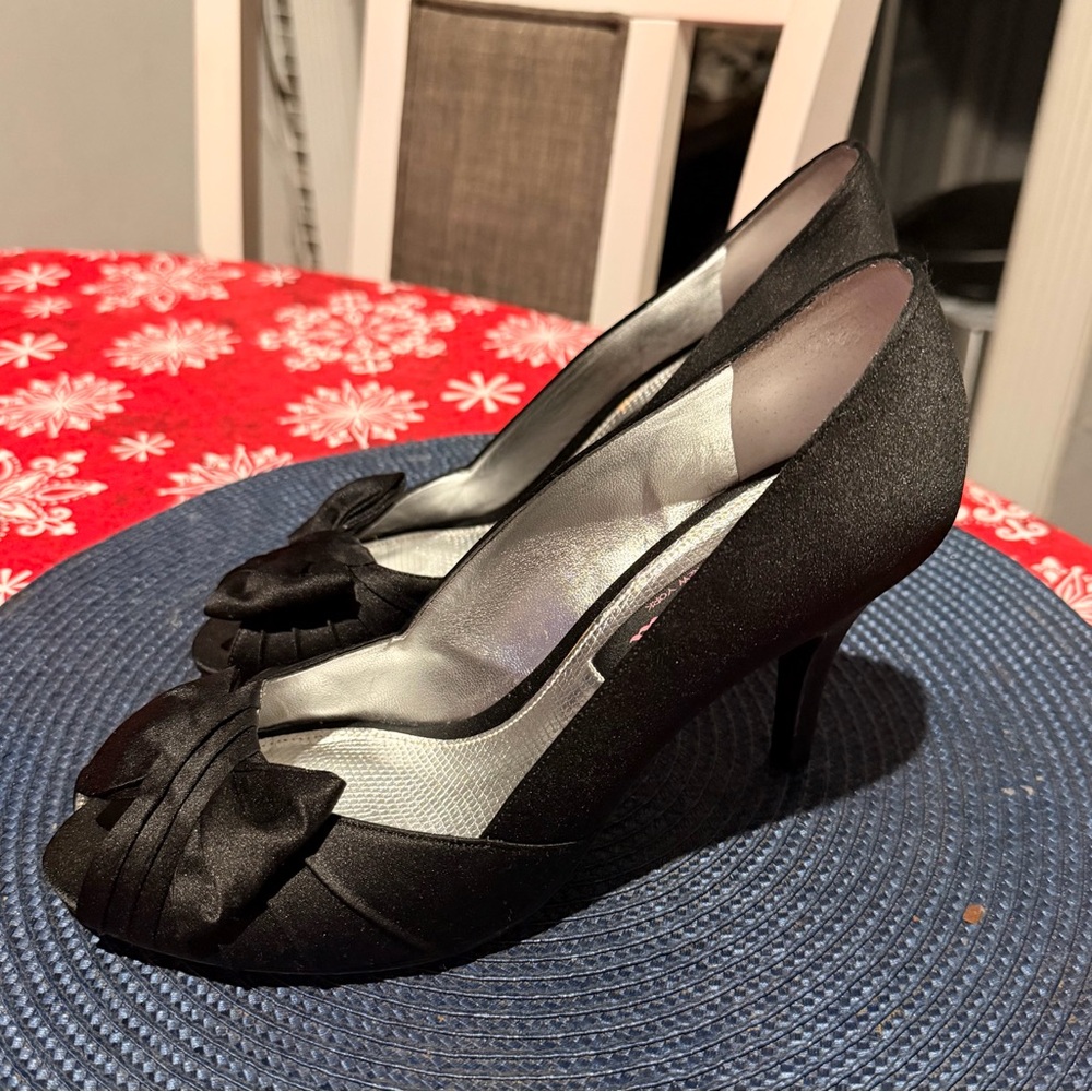 Nina Black Satin Heels with Bow Accent